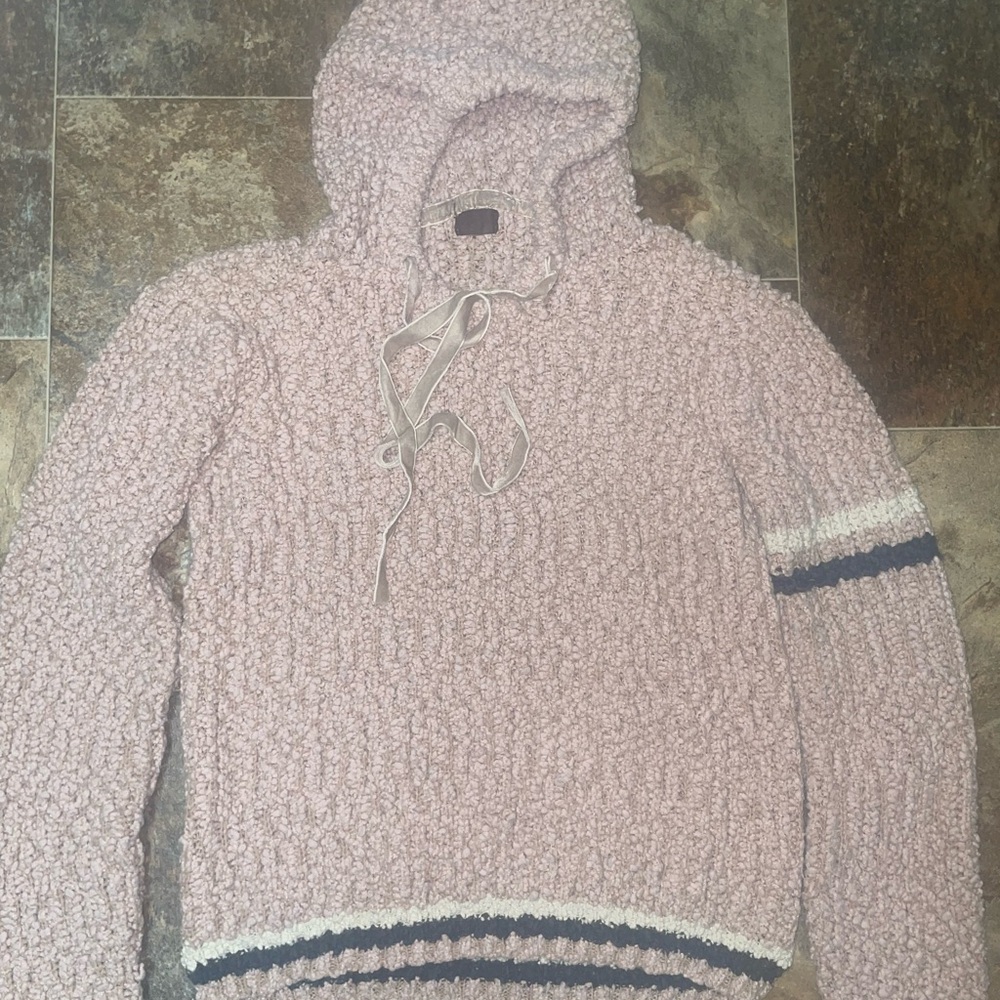 Light Pink Chunky Knit Pullover Hoodie Sweater